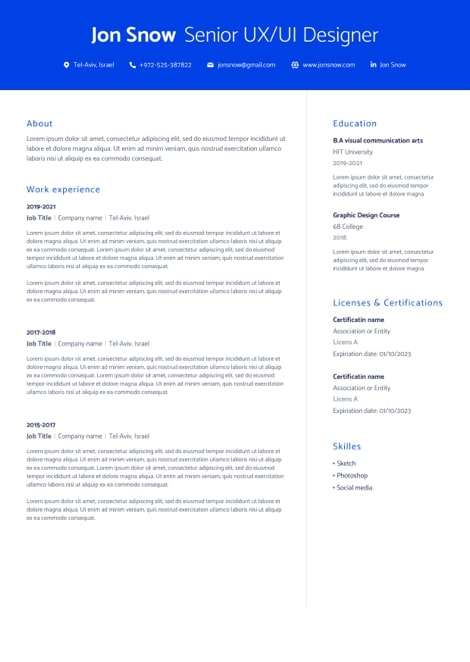 CV template for tech high jobs blue header